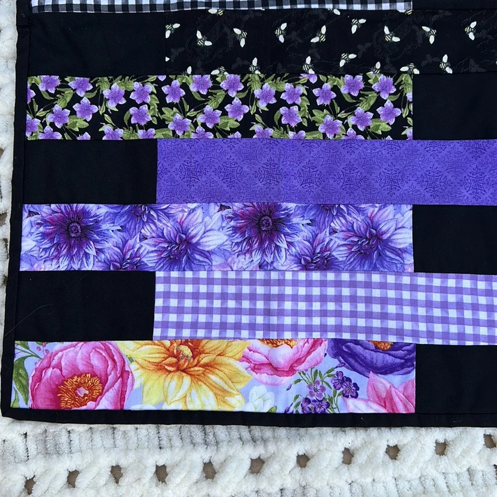 Handmade Quilted Patchwork Table Runner contemporary black / pink / purple new